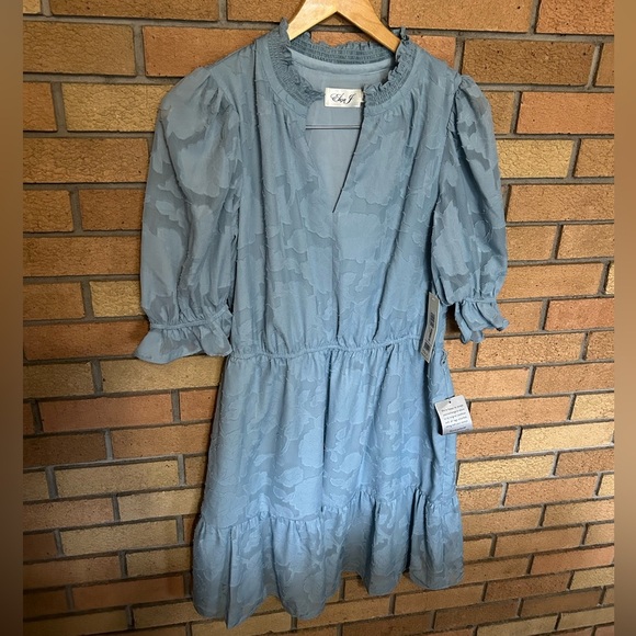 NWT Eliza J Jacquard Mini Dress Ruffle Puff Sleeve Light Blue Women’s Size 12 - Picture 1 of 6